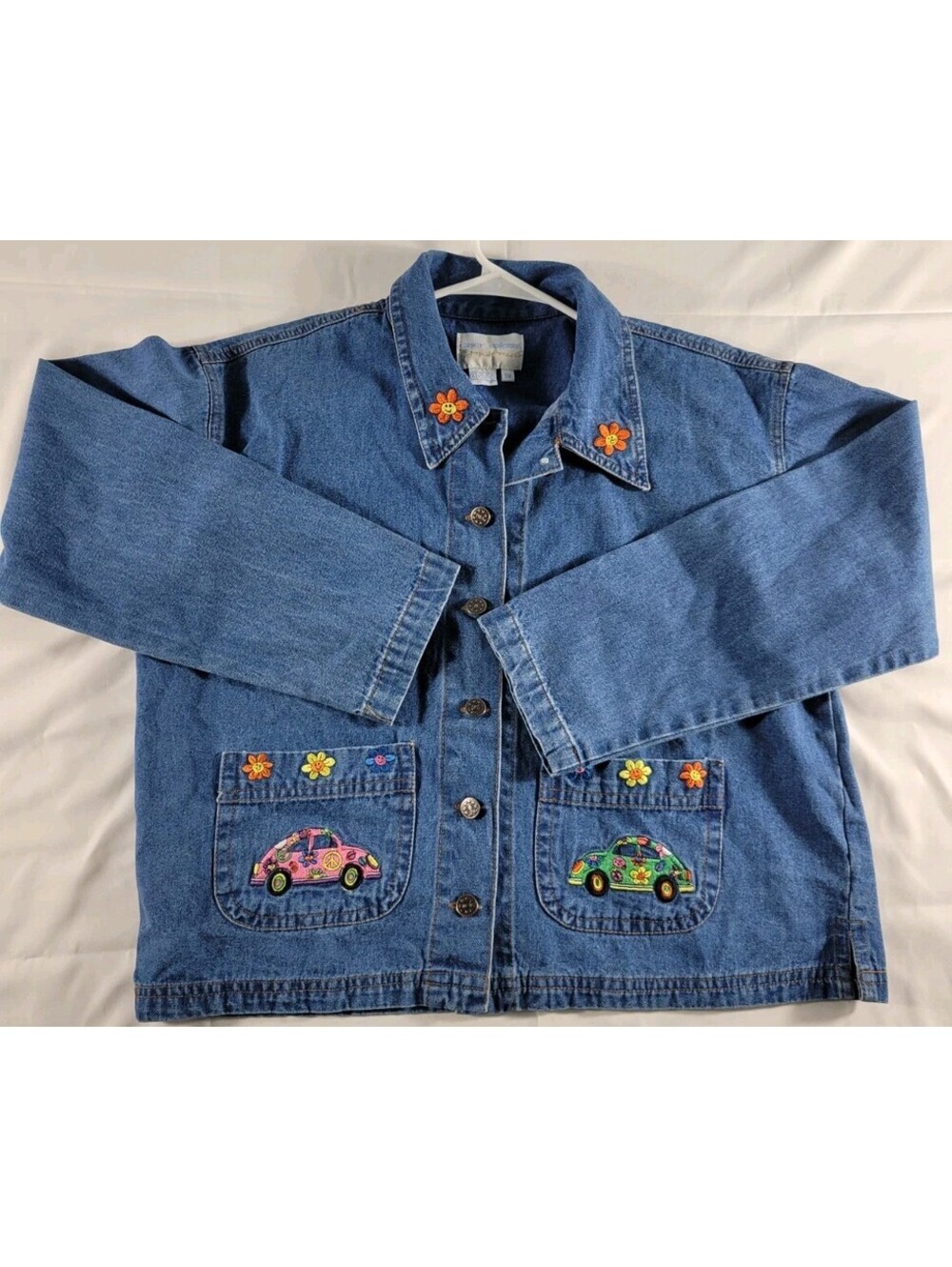 VTG Casey Coleman Denim Women SM Embroidered Groovy Love bug cars Coat Jacket